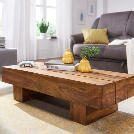 Table basse fixe en bois de sheesham massif 120x45x30 cm – Design naturel élégant pour salon – Surface spacieuse pour objets décoratifs