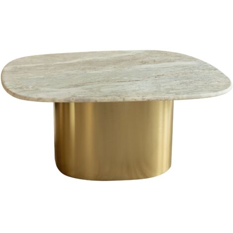 Table basse fixe en marbre gris 80x73x33 cm – Pied en métal doré – Coins arrondis pour sécurité – Design contemporain unique