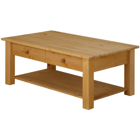 Table basse fixe en pin massif certifié FSC® – 1 tiroir et étagère – Style maison de campagne – Dimensions 100x60x45cm