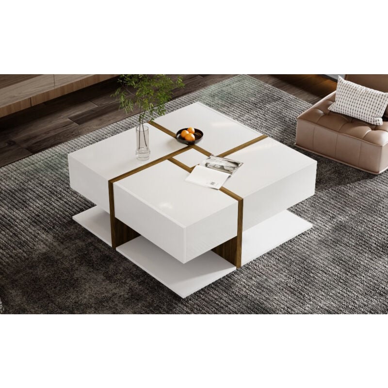 Hauss Spole - Table de bout, table basse, 4 tiroirs, espace de rangement en bas. 78x78x34,8 cm, blanc - a