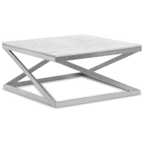 Table basse fixe marbre blanc véritable – Pieds en métal argenté – Dimensions L86 x P86 x H43 cm – Élégance et praticité pour intérieur moderne