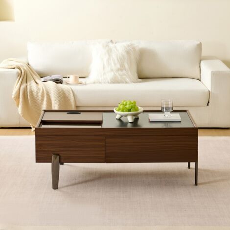 Table basse fixe-modèle design-bois brun veinage marbre-tiroirs-Plateau verre-pieds métal-105x50x41.5(cm)