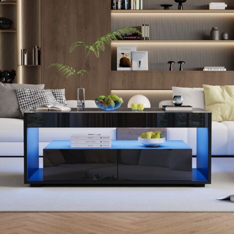 Table basse fixe moderne-éclairage LED 16 couleurs-2 tiroirs-verre trempé-design 2 plateaux-noire 120x60x40(cm)