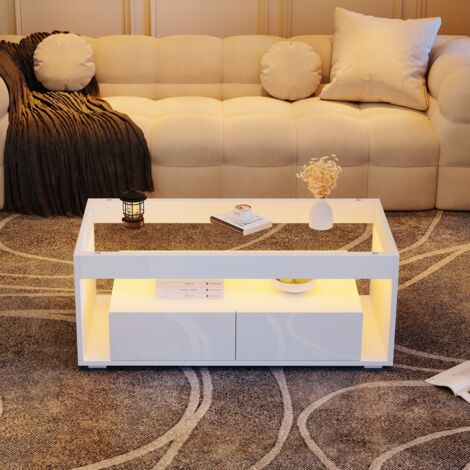 Table basse fixe moderne-LED-2 grands tiroirs-Verre-Design 2 plateaux-Finition brillante-100x50x40(cm)