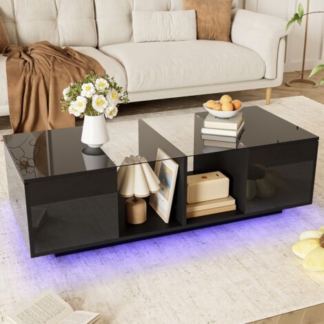 Table basse fixe moderne noire-Éclairage LED intégré-Plateau en verre brillant-Télécommande-120x50x38.5(cm)