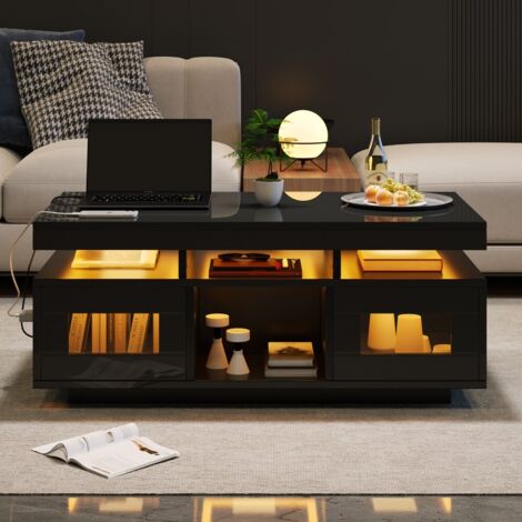 Table basse fixe-Noir brillant-LED connectée-Commande appli-Coffre rangement-Prise charge intégrée-100x50x43cm