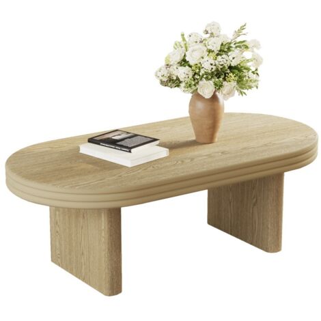 Table basse fixe ovale cannelée milieu de siècle-rustique-en bois-salon-bureau-décoration intérieure-120x60x41,5cm
