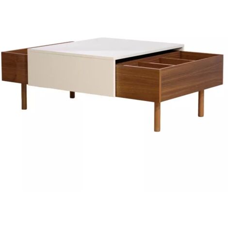 Table basse fixe plaquée noyer avec plateau coulissant crème – 3 compartiments de rangement – Dimensions 120x74x41cm – Design rétro élégant – Meubletmoi