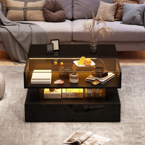 Table basse fixe-réglable en hauteur-LED intégré-2 tiroirs-rangement caché-plateau verre trempé noir-laqué brillant-80x80x45cm