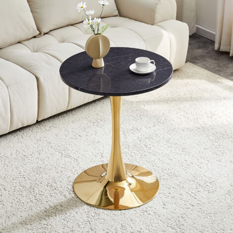 Table basse fixe ronde 60 cm, table d'appoint pour salon/coin repas, plateau MDF, mid-century, piètement métal or, noir