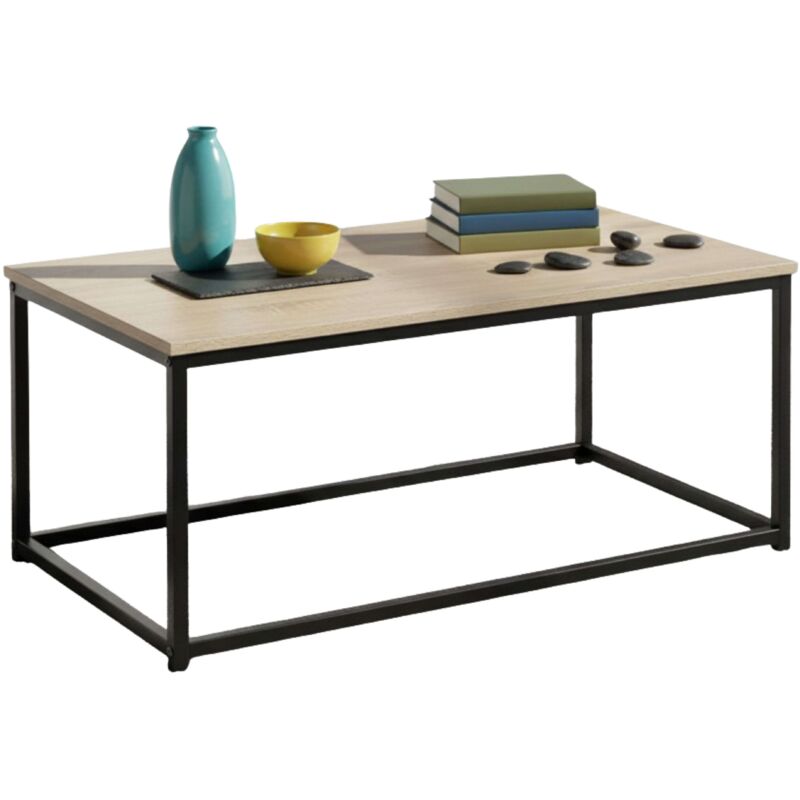 Table basse fixe en chêne cambrien et noir avec structure en métal pour salon, dimensions 90x40x48 cm