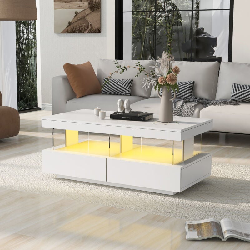 Wishdor - Table basse blanche rectangulaire avec led et 2 tiroirs de rangement