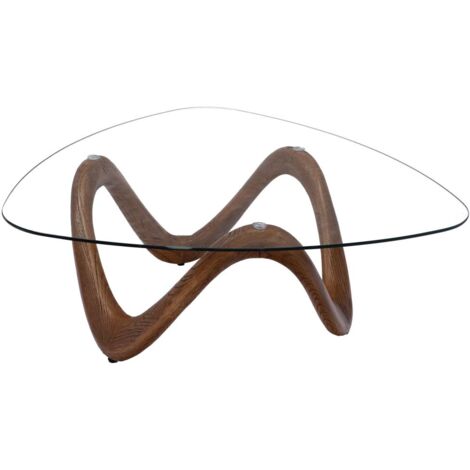 Table basse fixe Vague en noyer – Plateau en verre – Dimensions 106x106x40 cm – Design sculptural moderne – Amadeus