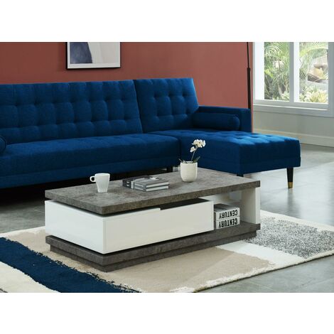 Table basse FLAVIAN coffre de rangements pivotant - MDF blanc laqué et plateau effet béton - Gris, Blanc