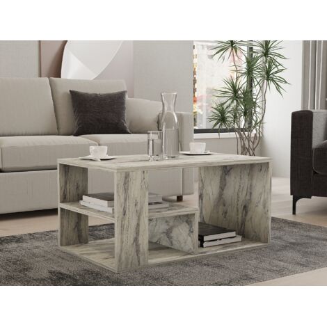 Table basse Freesia effet marbre 80x50x40 cm avec étagères