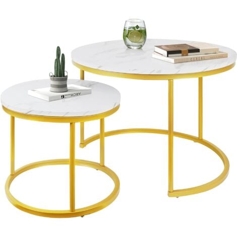 Table basse Futurefurniture®, table gigogne, blanche, lot de 2, table d'appoint, cadre doré, tables rondes avec motif en marbre, tables en bois, salon, chambre