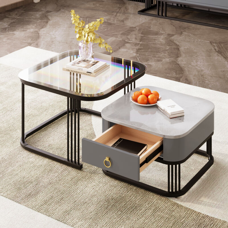 Hauss Spole - Table basse gigogne 2 en 1, aspect placage marbre brillant, avec tiroir, bordure noir, gris