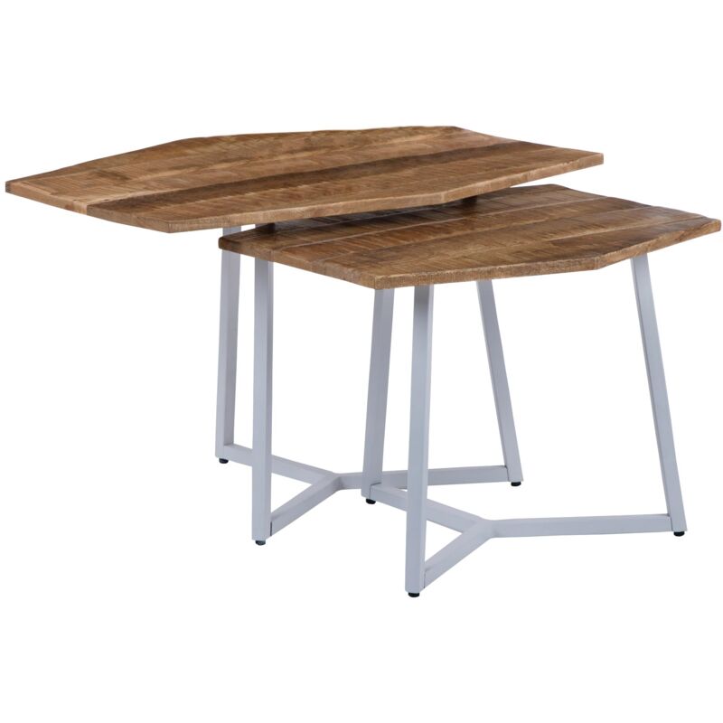 WOMO-DESIGN Set de 2x Tables Gigogne d'Appoint Arizona 73x56/56x48 cm Blanc-Naturel - Unique Fait á Main - Bois de Manguier Massif / Métal - Design