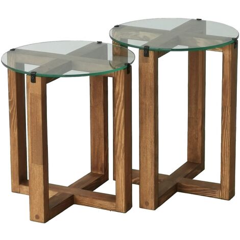 Table basse gigogne bois noyer mélaminé et verre trempé Mouka - Lot de 2