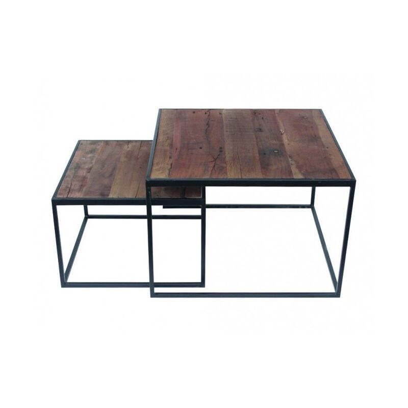 table basse gigogne carree en bois massif collection queen. meuble style industriel - marron