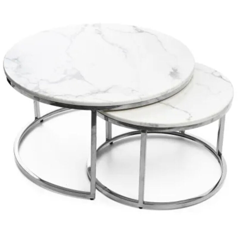 Table basse gigogne chrome verre marbre blanc
