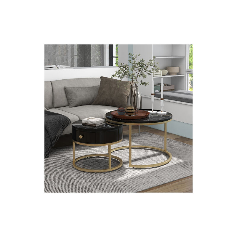 Modernluxe - Lot de 2 tables gigognes avec tiroir - motif marbre - aspect brillant - noir