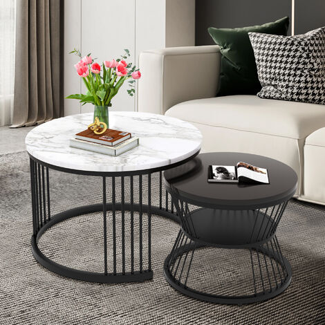 Table basse gigogne - Ensemble de petites tables basses en placage de marbre, ensemble de 2 tables gigognes latérales, cadre de couleur noire