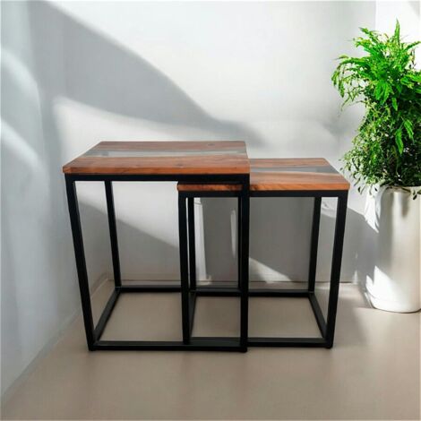 Table basse gigogne epoxy noir et bois d'acacia (lot de 2) BORA