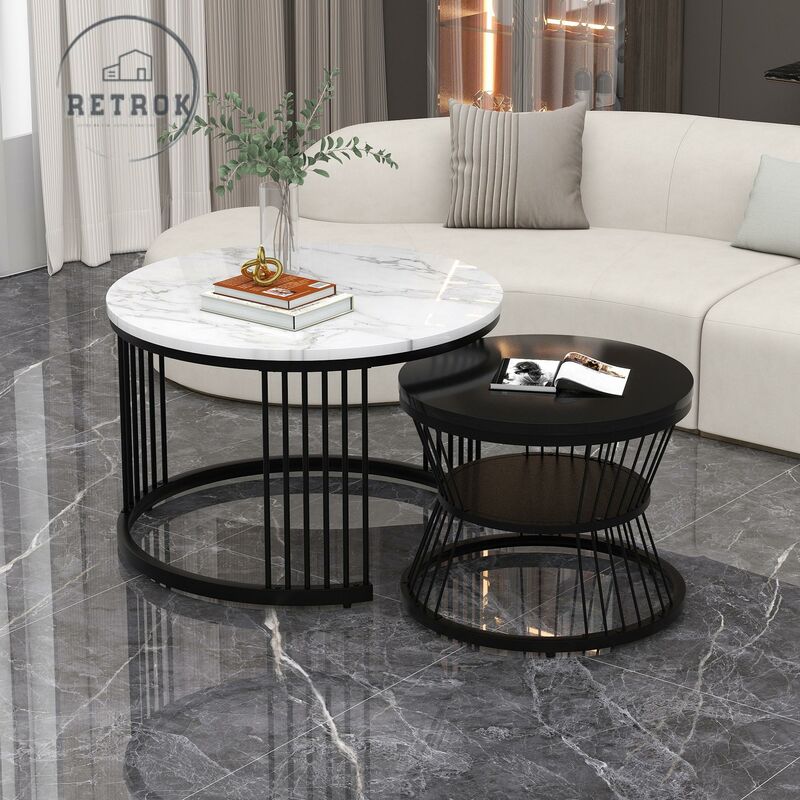 Retrok - Table basse gigogne lot de 2 table basse ronde - plateau de table brillant marbré cadre noir ø70x45,5+ø45x40cm