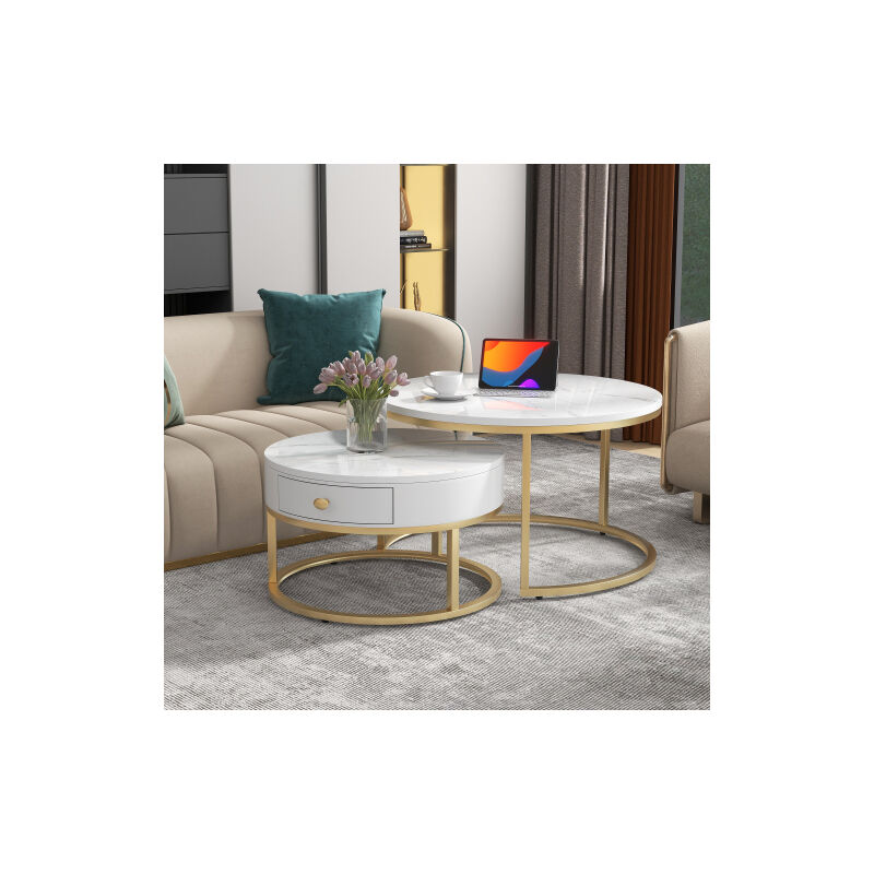 Galozzoit - Table basse gigogne, Lot de 2 tables basses gigognes rondes 50/70 design industriel