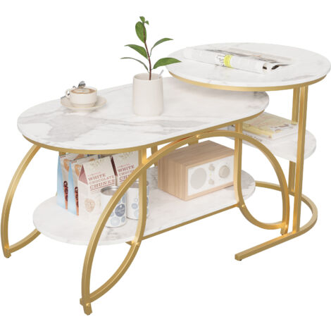 Table basse gigogne, lot de 2 tables basses modernes avec plateau Imitation marbre et cadre métallique, 80x46x45, blanc et or