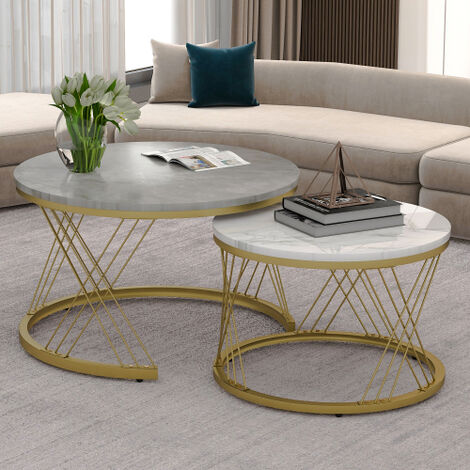 Table basse gigogne moderne, ensemble de table basse en placage de marbre rondes, Or et gris