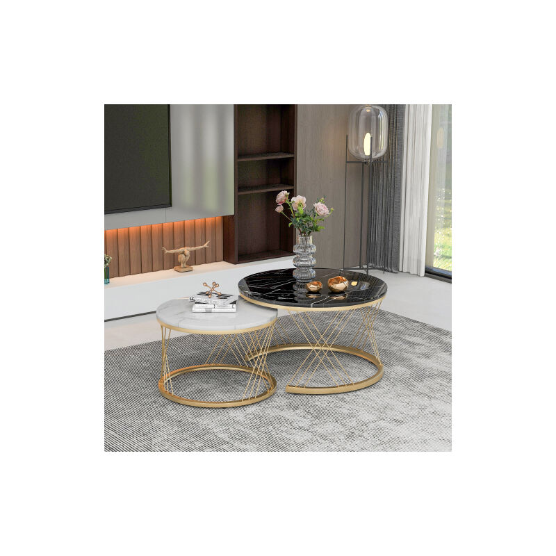 Liberté - Table basse gigogne moderne, ensemble de table basse en placage de marbre rondes, Or et noir