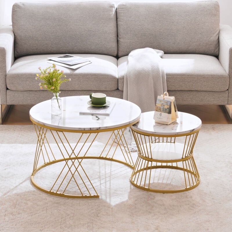 Redom - Tables basses gigognes, ensemble de 2, 70X70X45+45X45X40cm, mdf, blanc