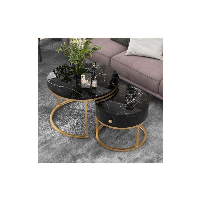 Alwaysh - liberté Table Basse Gigogne Moderne Motif Marbre Haute Brillance noir, Ensemble de 2 Tables Basses Rondes Imbriquée