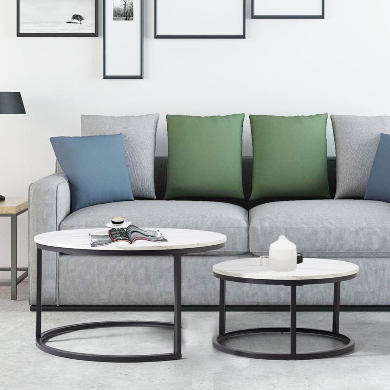 Table basse gigogne, placage marbre, table basse de salon 2 en 1, MDF, blanc+noir