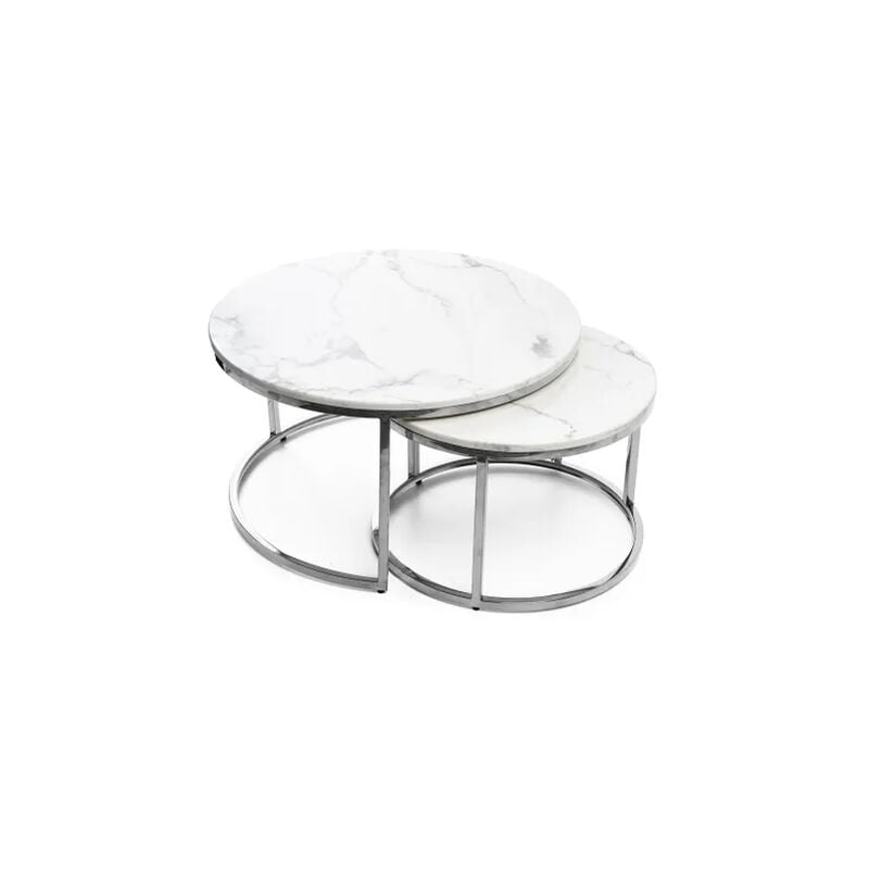 Homy France - Lot de 2 tables basses Gigogne arto Inox verre effet Marbre Blanc