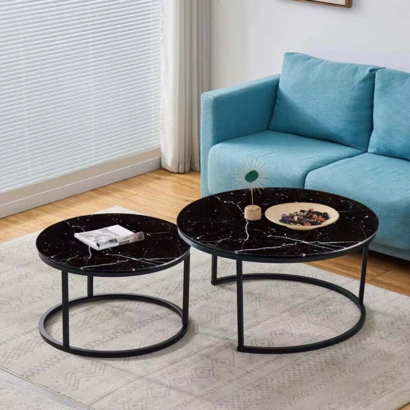 Lot de 2 tables basses Gigogne ARTO métal noir et plateau verre effet marbré blanc