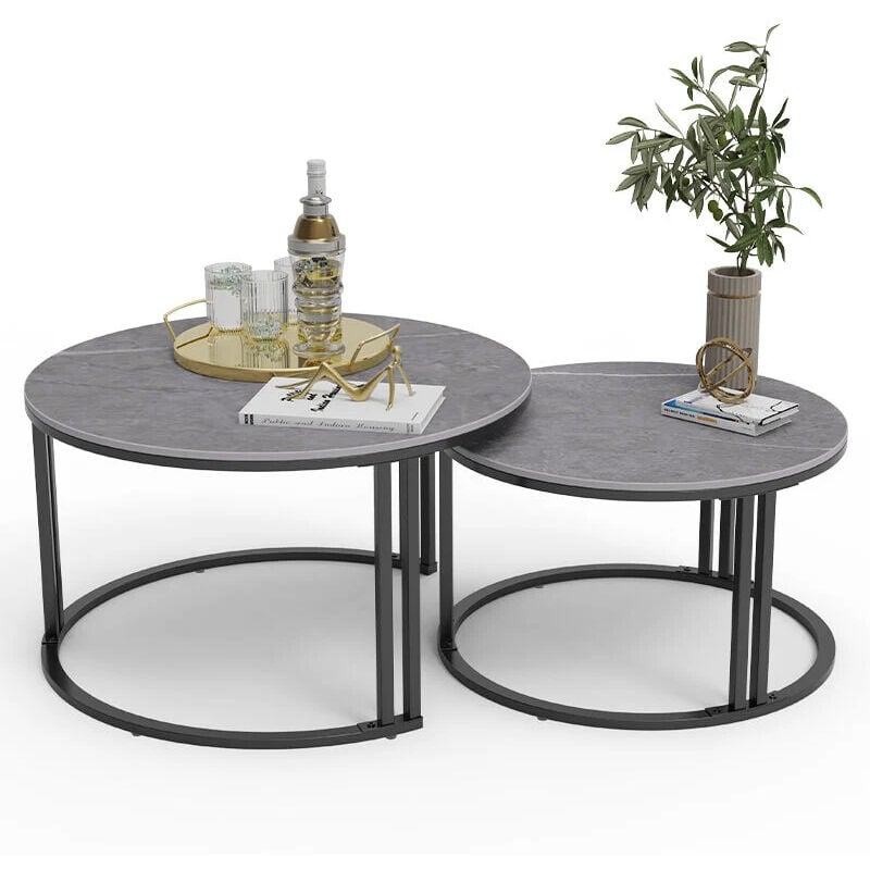 Table Basse Gigogne Ronde 70/57 Lot de 2 Tables Gigognes de Salon avec Effet Marbre - Gris