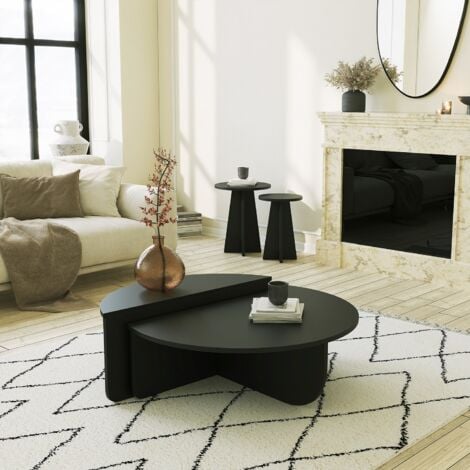 Table Basse Gigogne Ronde Bois en Anthracite, Deux Pièces, 90x30x60 cm et 85x35x30 cm, Design Polyvalent, Pour Salon ou Bureau