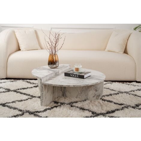 Table Basse Gigogne Ronde Bois en Marbre Freesia, Deux Pièces, 90x30x60 cm et 85x35x30 cm, Design Polyvalent, Pour Salon ou Bureau