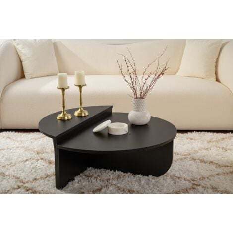 Table Basse Gigogne Ronde Bois en Noir, Deux Pièces, 90x30x60 cm et 85x35x30 cm, Design Polyvalent, Pour Salon ou Bureau