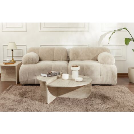 Table Basse Gigogne Ronde Bois en Travertin, Deux Pièces, 90x30x60 cm et 85x35x30 cm, Design Polyvalent, Pour Salon ou Bureau