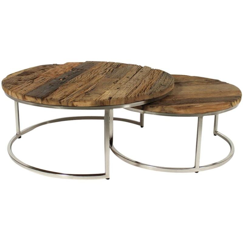 Made In Meubles - Table basse gigogne ronde bois recyclé style brut - pieds métal gris - Bois