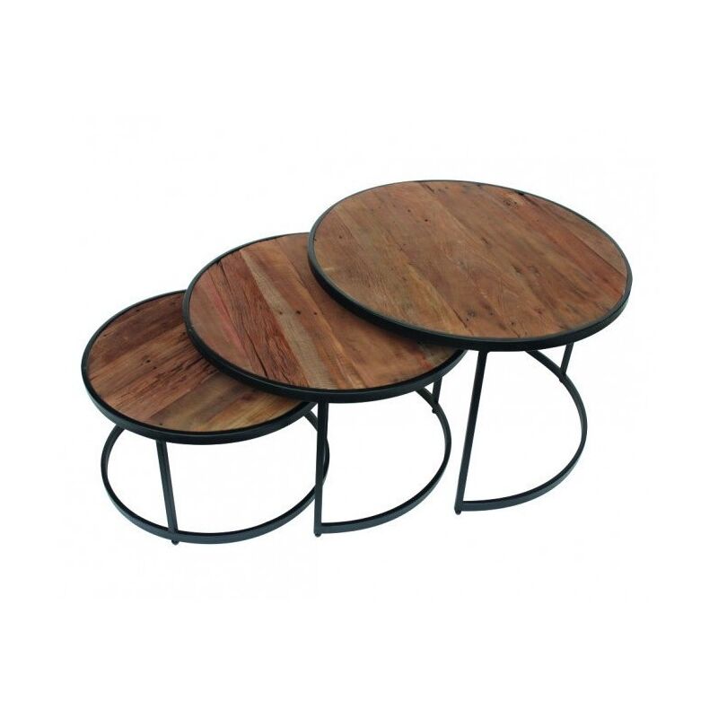 table basse gigogne ronde en bois massif collection lenox. meuble style industriel - marron