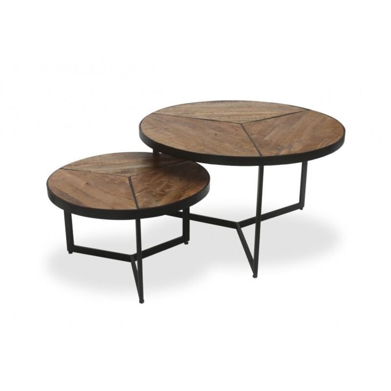 table basse gigogne ronde en bois massif exotique collection lave. meuble style industriel - marron
