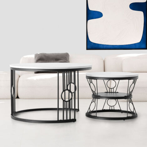 Table basse gigogne ronde, ensemble de 2 tables basses modernes avec plateau en marbre artificiel, table gigogne blanche avec cadre en métal noir, adaptée au salon, appartement, bureau