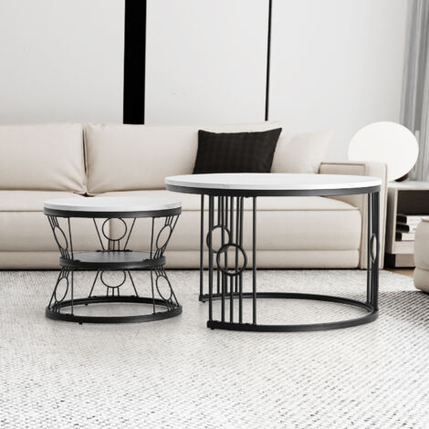 Table basse gigogne ronde, lot de 2, table basse gigogne blanche, pieds en métal noir