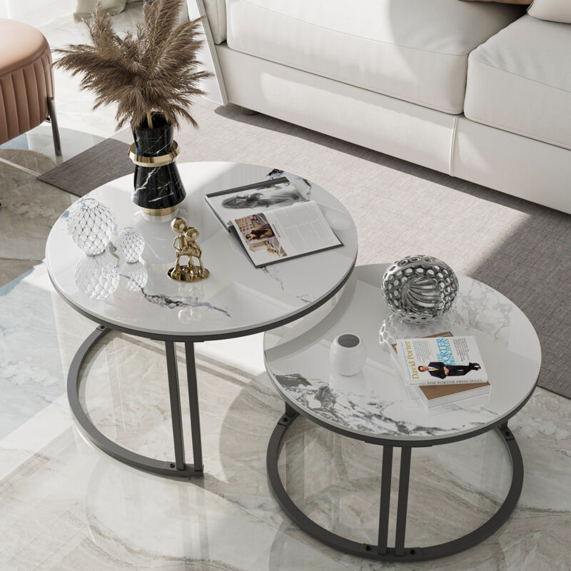 Unho - Table Basse Gigogne Ronde Marbre Effet - Pierre Véritable, Lot de 2 Bout de Canapé Ø70cm+Ø57cm Ensemble de Table de Café Intérieur/Extérieur
