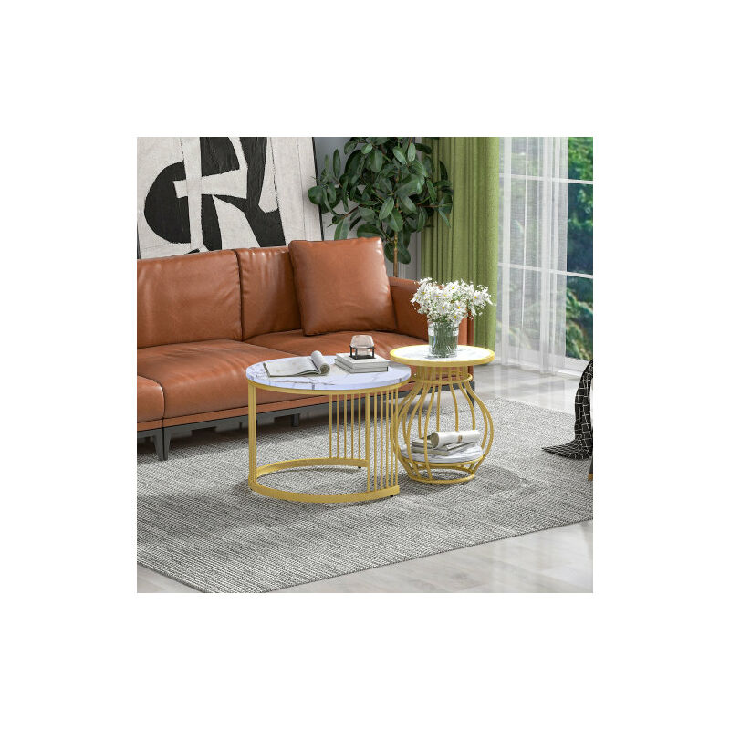 Modernluxe - table basse gigogne, ronde, structure en métal, plateau en placage de marbre blanc